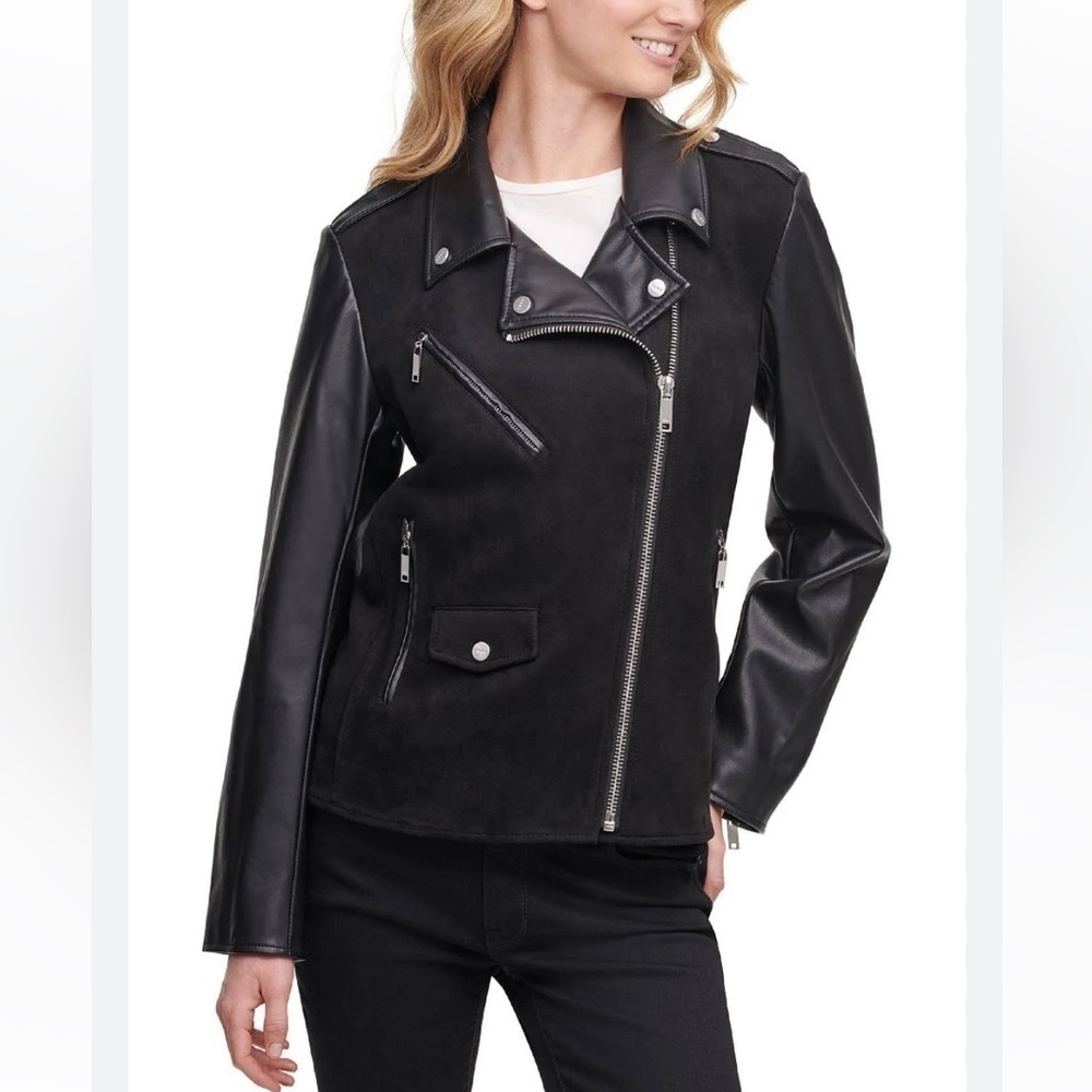 DKNY SPORTSWEAR Women's Moto Faux Leather/Suede Jacket Black XS